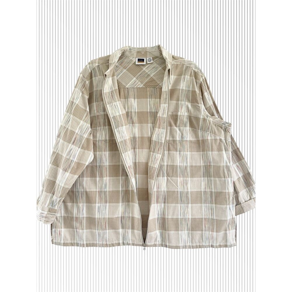 Vintage CST Sport Plaid Beige Tan Jacket Plus Size 28W Zip Up Lightweight Casual